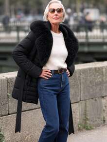 Women's Autumn/Winter Faux Leather Down Jacket, Faux Fur Collar, Teacher Style, Adjustable Waist, Fashionable Commute And Layering Choice - Black - View 4