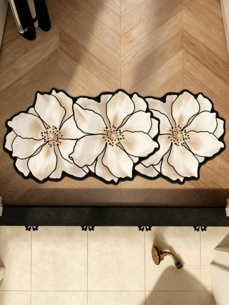 1pc Gold Floral Pattern Bath Mat, Bathroom Rug, Door Mat, Small Rug, Carpet, Floor Mat, Home Decor, Area Rug, Outdoor Mat, Bedroom Carpet, Washable Rug