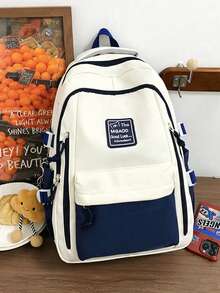 Ambient Color Matching Students Backpack Contrast Classic College Wind Side Strap Design Lightweight Commuter Travel Joker Bag. - Blue - View 3