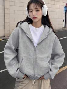 1 buah Jaket Sweatshirt Berkerudung dengan Resleting untuk Anak Perempuan, Cocok untuk Musim Gugur/Musim Dingin, Gaya Kampus, Pakaian Acara Pulang Kampung - Grey - View 7