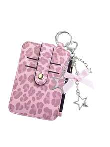 Multi‑Slot Leopard Print Card Holder With Star Bow Keychain,PU Mini Zipper Coin Purse,Thin Card Case Id Window,Portable Id Card Wallet Bag Charm - Multicolor - View 12