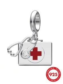 1 pieza Colgante de estetoscopio de plata de ley S925 con kit de primeros auxilios, cruz roja de resina roja con circonita incrustada, tema médico, dije de cuenta de plata perforada para pulsera DIY - Plateado - Ver 2
