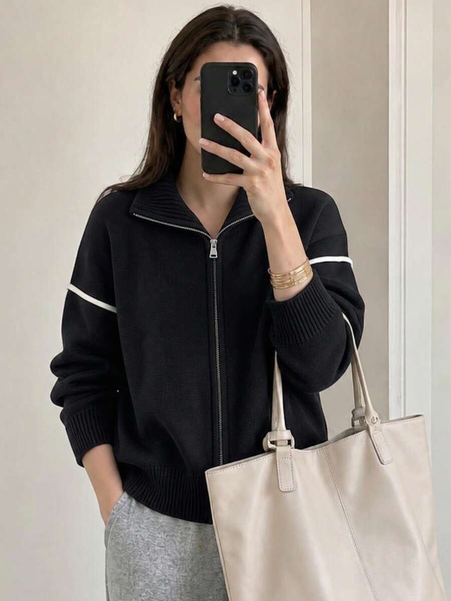 Wixra Women's Half-Zip High Neck Knit Cardigan, Black Contrast Stripes, Drop Shoulder Long Sleeve Sweater Jacket - Black - View 1