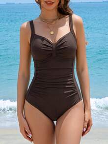 Women's Fashionable Sexy Solid Color Ruffle Fitted One-Piece Swimsuit, Slimming Swimwear For Beach Vacation Summer, Vacationcore - Coffee Brown - View 3