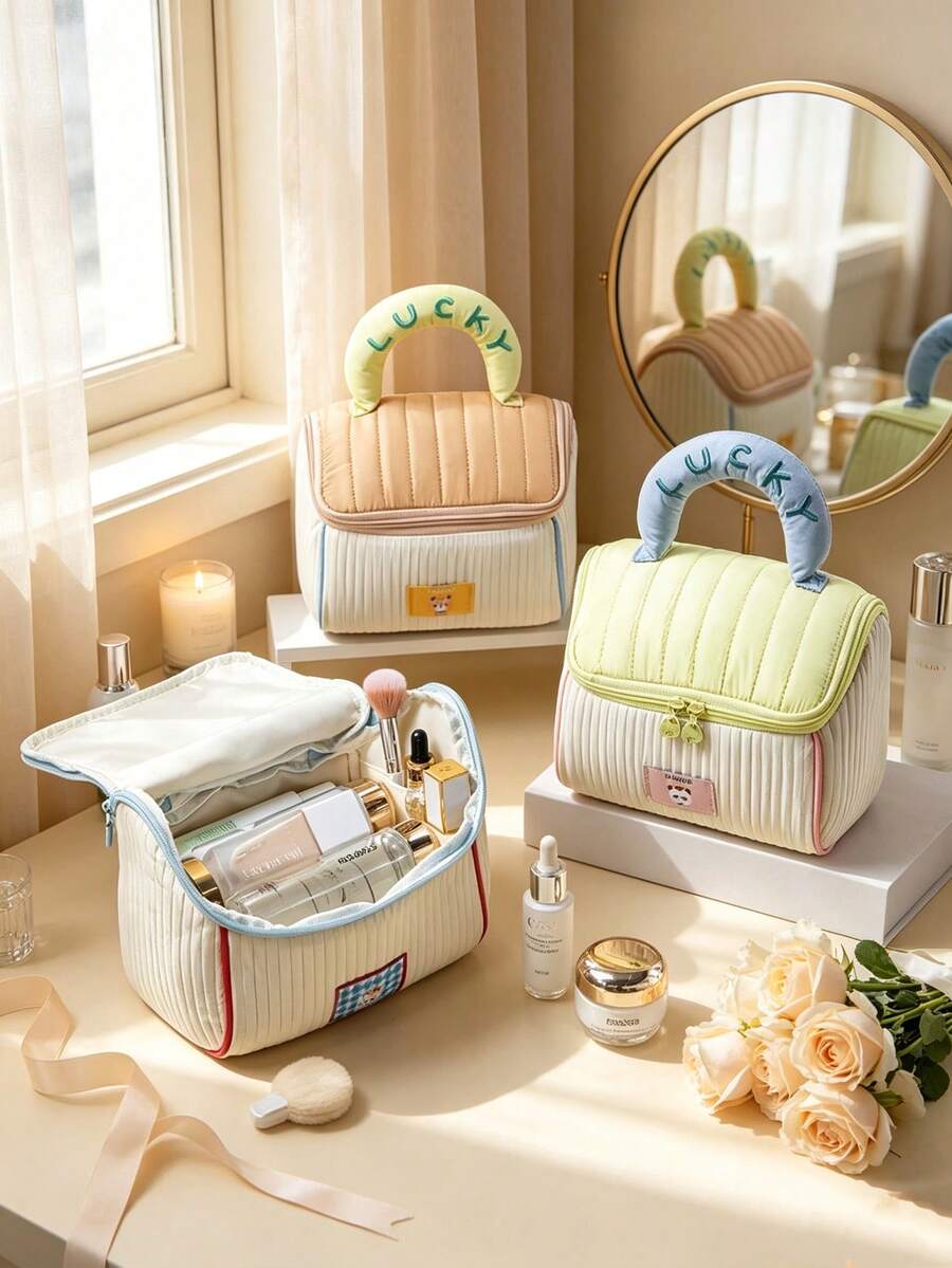 1pc Cute Ins Handbag Type Cosmetic Pouch With Lucky Letter Handle Double Zipper Large Capacity Portable Travel Makeup Storage Bag For Daily Use Vacation Back To School Spring Summer Makeup Storage Bag, Bridesmaid Souvenir, Opening School Season Gift
