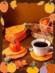 1/4/8pcs Handmade Crochet Pumpkin Coasters, Autumn Harvest Table Decor, Cute Knitted Orange Pumpkin Drink Coasters Set, Heat-Resistant Coaster Rugs, Rustic Style Thanksgiving Halloween Home Decor Kit, Holiday Tabletop Decoration, Housewarming Gift - Multicolor - View 2