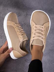 Women's Casual Sports Shoes, Solid Color Artificial PU Leather & Fabric Patchwork, Front Lace-Up, Suitable For Outdoor Sports, Casual, Versatile, Commuting - Beige - View 4