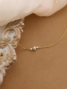 1 Simple And Fashionable 14K Gold Bracelet, Single White Pearl Pendant Exquisite Wrist Jewelry, Women's Wedding Daily Party Simple Bracelet. - Gold - View 4