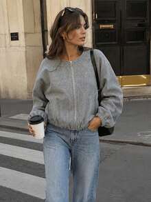 Women's Fashionable Versatile Solid Color Short Jacket, Autumn/Winter Casual Fall - Grey - View 4