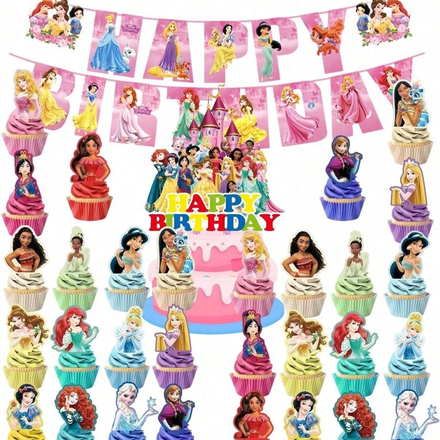 Hot-Selling Recommendation Dessert Decoration 31pcs Princess Size Cake Toppers Cake Decorations Princess Bunting Birthday Cake Dessert Birthday Party Cake Decoration Cartoon Plug-In Set - View 1