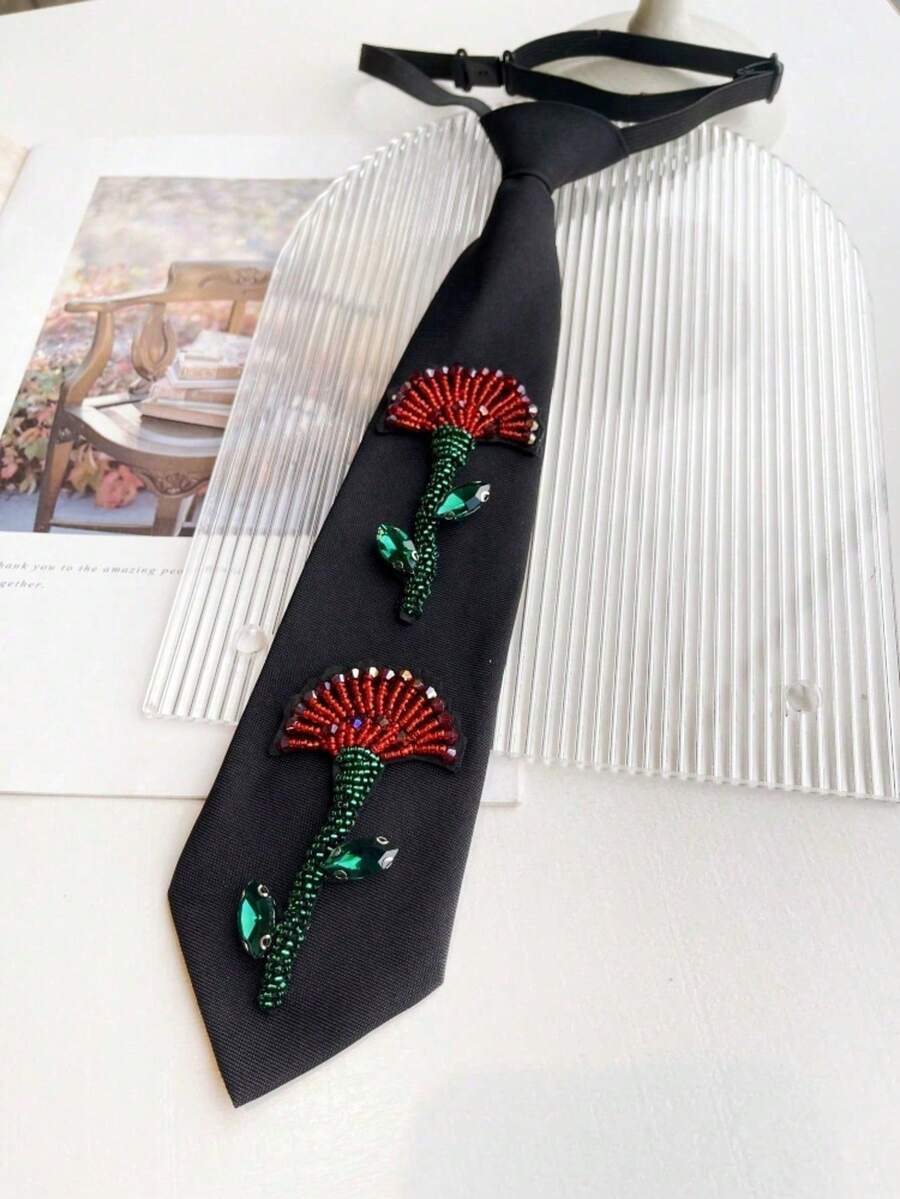 Black Handmade Beaded Floral Tie, Red & Green Rhinestone Flower Decor, Niche Aesthetic Shirt Skinny Tie - Red Double Flowers - View 1