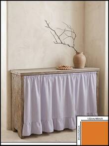 1pc Olive Green & White Fine Striped Table Skirt, Natural Fresh Style Fabric Material, Rectangular Bottom With Ruffle Hem And Pleated Details, Storage Concealment And Decorative Beautification Function, Suitable For Storage Rack Cover And Pastoral Home Decor Scenes - Blue - View 13