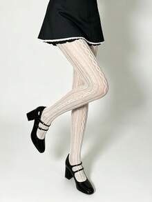 Summer Fashion Women's Cable Knit Print Fishnet Tights, Mesh Leggings, Elegant Sexy Mature Vintage Style, High Elasticity Comfortable Fitted Bodycon Leggings For Daily Casual, Dating, Party, Vacation - White - View 2
