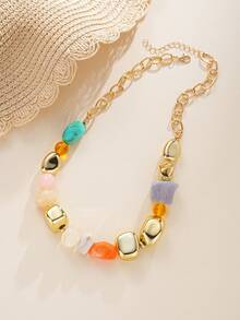 (Bead Color May Vary, Quantity Random) 1pc Simple Fashion Exaggerated Asymmetrical Beaded Necklace For Women, Sisters, Summer Vacation, Date, Gift, Daily Casual, Party, Wedding - Multicolor - View 4
