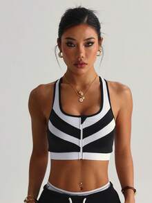 Women's Solid Black & White Patchwork Zipper Collar Sleeveless Sports Knit Bra - Black and White - View 5