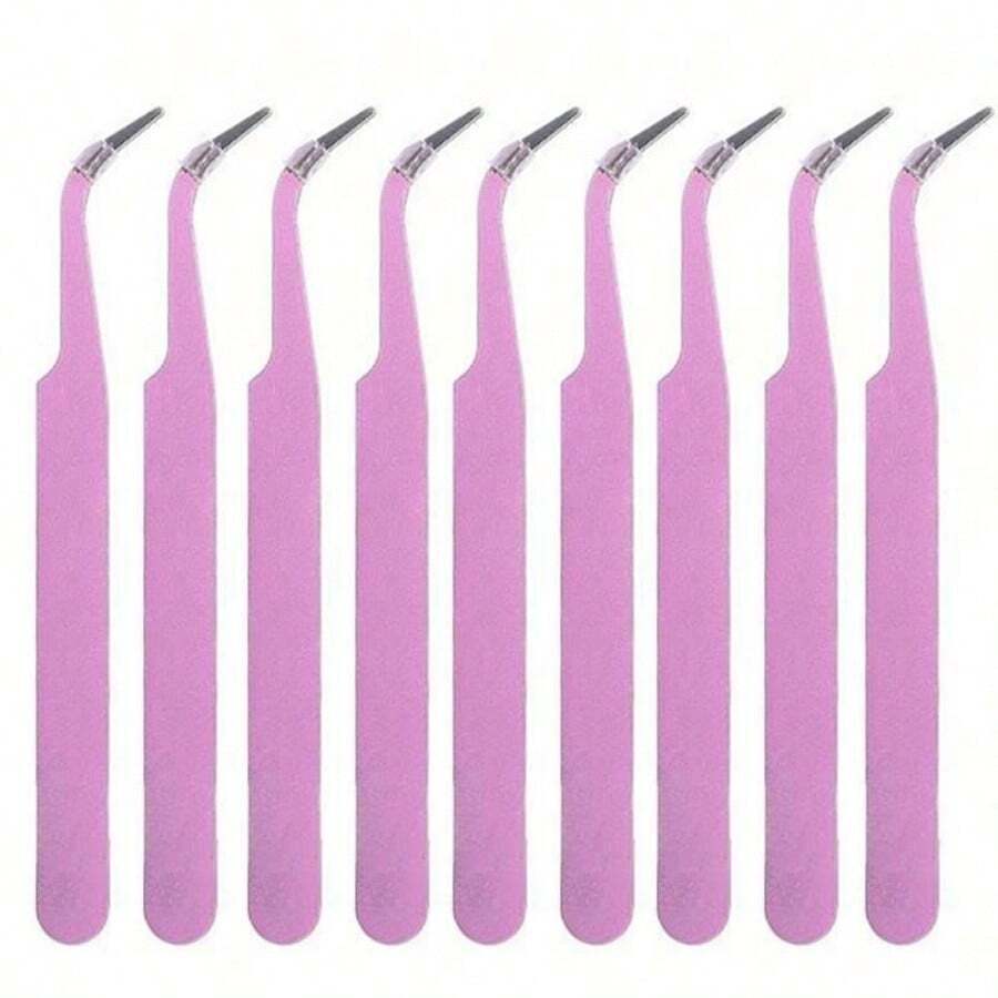 KLONKEE 9pcs Stainless Steel Pink Pointed/Bent Tweezers, Multi-Functional Tweezers Suitable For Handmade Crafts, Jewelry Making, DIY, Nail Art - 9pcs - View 1