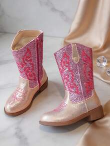 1 Pair Pink Fashion Classic Pointed Toe Western Boots, Soft PU Glossy Exquisite Embroidered Pattern Girls Cowboy Boots, Inner Zipper Low Chunky Heel Design, Suitable For Mid-To-Large Girls Daily School, Outings, Versatile, Autumn/Winter New - Hot Pink - View 6