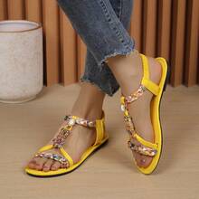 1 Pair Women's Rhinestone Round Decor Sandals, Navy Blue Suede Elastic Ankle Strap Flat Shoes, Beach Summer Solid Color PU Leather Rhinestone Beach - Yellow - View 4