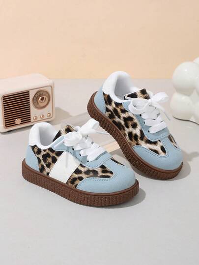 1 Pair New Soft Sole Leopard Print Kids Casual Sports Shoes, Boys Girls Spring Autumn Versatile Personality Retro Sneakers, Baby Anti-Slip Colorblock Vintage Student Running Shoes