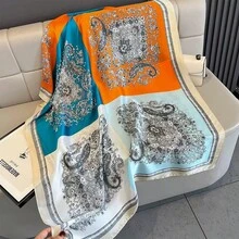 1 قطعة وشاح حريري طويل أنيق وفاخر مطبوع بنقشة زهرية وفسيفساء للنساء، وشاح متعدد الاستخدامات وعصري مناسب للاستخدام اليومي والزينة - متعدد الألوان - مشاهدة 8