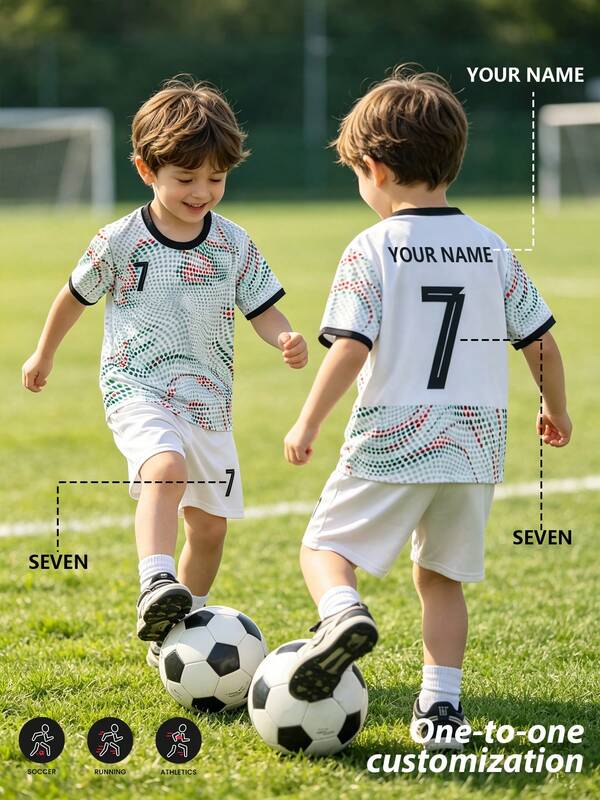 2pcs/Set Boys Soccer Uniform, Personalized Name/Club Customization, 7# Print Football Jersey, Short Sleeve & Shorts Set, Sports Player Style, Suitable For Boys & Girls, Sports, Cycling, Outdoor Running, Soccer, Star Player Style