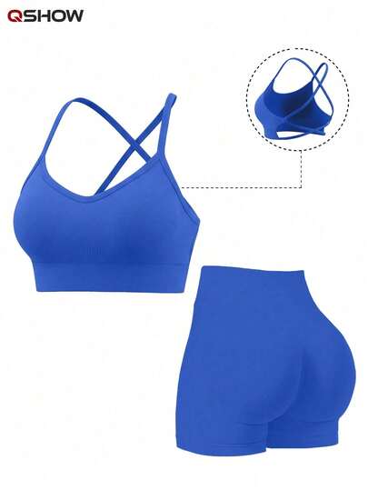 Women's Summer 2 Pieces Set Blue Top And High-Waisted Shorts, Suitable For Fitness, Yoga, Pilates, Gym, Running Sports