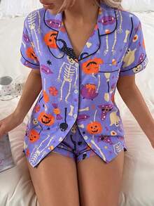 2pcs Women's Halloween Pumpkin & Black Cat Short Sleeve Collared Top And Bow Shorts Pajama Set - Blue - View 4