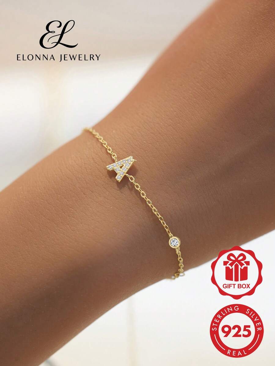 SYMFNY 1pc 925 Sterling Silver Minimalist Cubic Zirconia 26 Letters A-Z Bracelet