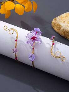 1pc Purple Flower Arm Cuff With Starfish Wrap, Beach Vacation Vibe Arm Accessory - Purple - View 3