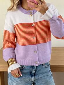 Cardigan Wanita Vintage Bergaris Leher Bulat Lengan Panjang, Manset Berkerut, Detail Kancing, Potongan Pendek, Sempurna untuk Pakaian Musim Gugur/Musim Dingin. Musim Gugur - MultiWarna - View 5