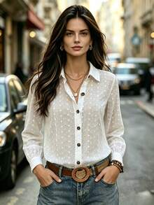 Women's Floral Embroidered Semi-Sheer Collared Top, Long Sleeve Front-Button Polyester Blouse, Perfect For Bohemian-Style Fall Outfits - White - View 7
