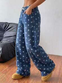 Women's American Street Y2K Casual Star Print Loose Wide Leg Barrel Jeans - Medium Wash - View 4