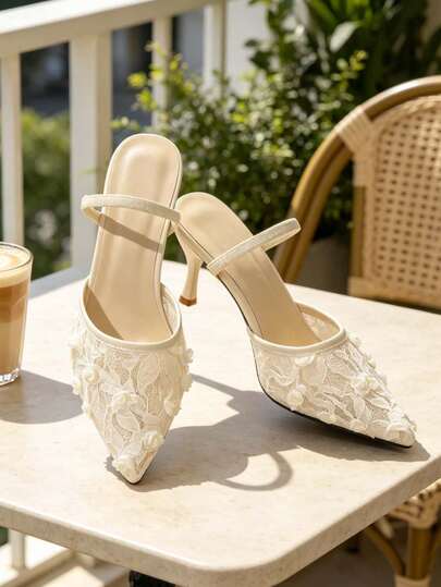 Sepatu Hak Tinggi Kasual Bisnis Wanita dengan Dekorasi Gesper Berlian Imitasi, Sandal Selop Putih, Anti Selip, Sepatu Kasual Harian Kantor untuk Wanita