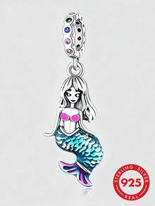 1件 S925 純銀美人魚吊墜，彩色鋯石藍紫色漸層樹脂魚尾海洋童話 DIY 手鍊穿孔銀珠吊飾 - 銀色 - 查看 1
