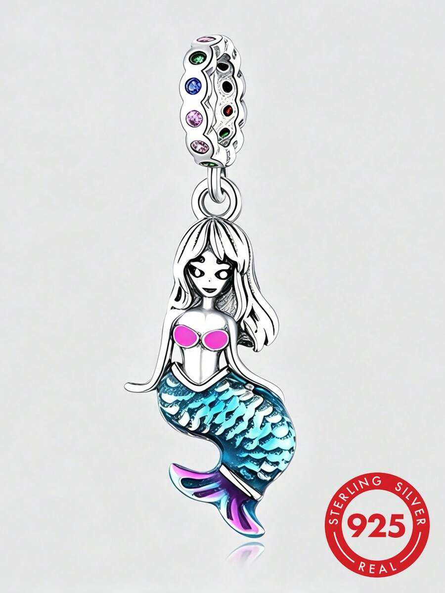 1件 S925 純銀美人魚吊墜，彩色鋯石藍紫色漸層樹脂魚尾海洋童話 DIY 手鍊穿孔銀珠吊飾 - 銀色 - 查看 1