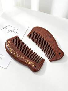 1pc/Portable Anti-Static Sandalwood Comb, New Chinese Style Gold-Painted Auspicious Cloud Pattern Curved Dolphin Handle Round Teeth No Scalp Scratching Scalp Massage Relaxing Hair Care Comb, Birthday Gift Valentine's Day Gift Daily Home Travel All Seasons - Portable Hair Comb - View 4
