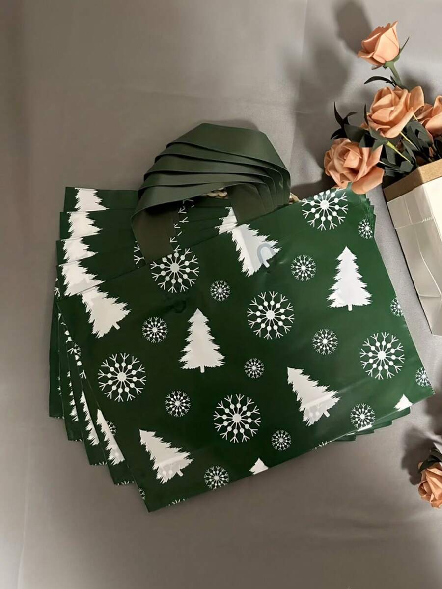 Christmas Style Green Background Snow Tree Tote Bag, Gift Bag, Shopping Bag, Fully Allover Print White Christmas Tree And Snowflake Pattern, Rich And Fresh Christmas Atmosphere, Suitable For Christmas Gifts, Small Businesses, Party Favors