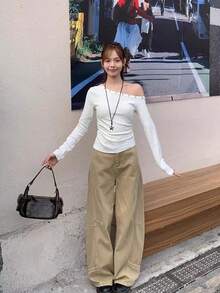 Y2K Autumn Korean Style Sexy Asymmetrical Shoulder Slim Fit Flattering Cold Shoulder Ruched Rivet Design Long Sleeve T-Shirt Women Top - White - View 3