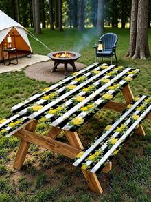 3 PiecesPicnic Tablecloth Set With Bench Cover, Elastic Edge Design, Line And Floral Pattern, Fresh Style, Washable Rectangular Tablecloth, Suitable For Wedding, Camping, Picnic, Garden Party And More, Practical Essential - B - View 2
