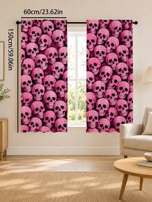 2PCS, Pink Skull Print Curtains, Dark Sweet Cool Style, Halloween Party Home Decor Fabric Curtains - Multicolor - View 15