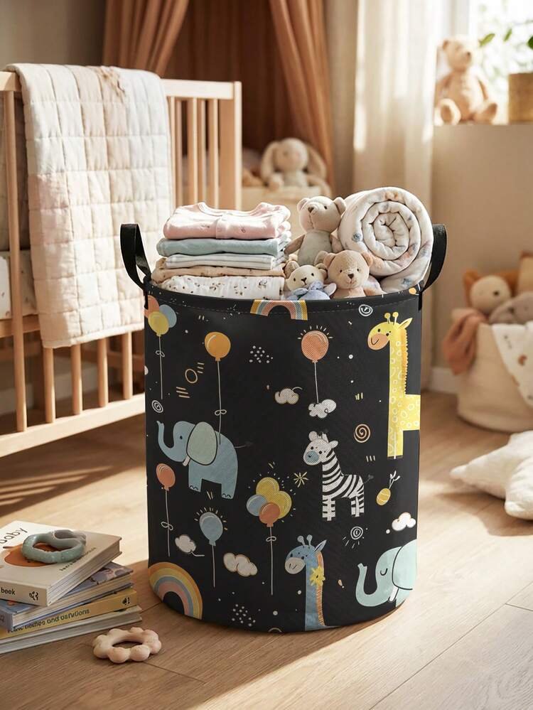 1pc Cute Animal Print Large Capacity Foldable Round Storage Basket With Handles, Multi-Purpose Storage Bin For Baby Room, Baby Sundries Organizer, Baby Storage, Diaper Storage, Clothing Storage, Baby Supplies Storage, Multi-Purpose Storage Box, Foldable Baby Supplies Storage Bin - Multicolor - View 8