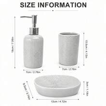 3-Piece Grey Ceramic Bathroom Accessory Set With Soap Dispenser, Toothbrush Holder And Soap Dish, Modern Geometric Relief Design - 白色 - 查看 3