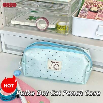 1pc Original Niche Mint Blue Polka Dot Cat Pencil Case, Ins Style Minimalist Highly Attractive Large Capacity Stationery Storage Bag For Students