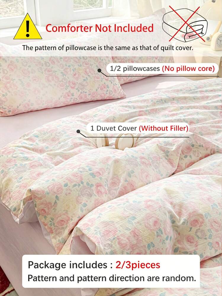 2/3pcs Romantic Floral Print, Pink & Purple Rose Pattern, Pleated Texture, Super Soft, Sweet & Cute, Back To School Season, Washed Duvet Cover & Pillowcase Set, Spring/Summer Style, Available For Double, Queen, King Size Beds - Multicolor - View 4