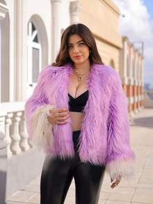 Astrid Plus Size Autumn/Winter Fashion Colorblock Patchwork Plush Jacket - Purple - View 2