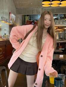 Korean Style Cozy Knit Cardigan For Women, Early Autumn Outfit, Pink Slouchy Loose Sweater Jacket - Pink - View 5