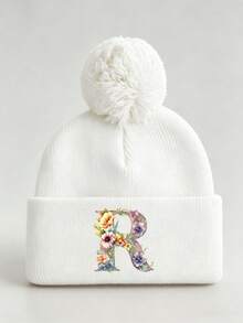 1pc Baby Beanies Boy Girls White Pom-Pom Cap With A-Z Letter Colorful Floral Hat For Boys And Girls Ages 0-8Y, For Hat Accessories Winter Warm Hat - Multicolor - View 48