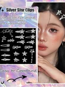 14pcs Personalized Star Hair Clips Set, Metal Star Gothic Style Hair Clips, Hair Chains, Hair Accessories, Headwear, Y2K Hip Hop Sweet Style - Silver - View 2