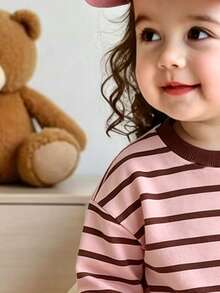 Baju Bayi Perempuan Bergaris, Atasan Lengan Panjang Leher Bulat dan Legging - Berwarna merah muda - View 3