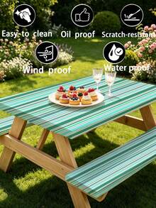 3 Pieces Picnic Tablecloth Set With Bench Cover, Elastic Edge Design, Striped Pattern, Washable Rectangular Tablecloth, Suitable For Weddings, Camping, Picnics, Garden Parties And More, Practical Essential - A - View 9